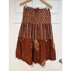 Dava Rust Brown M Cotton Tiered Full Midi Peasant Skirt Fish Print Boho Cottage